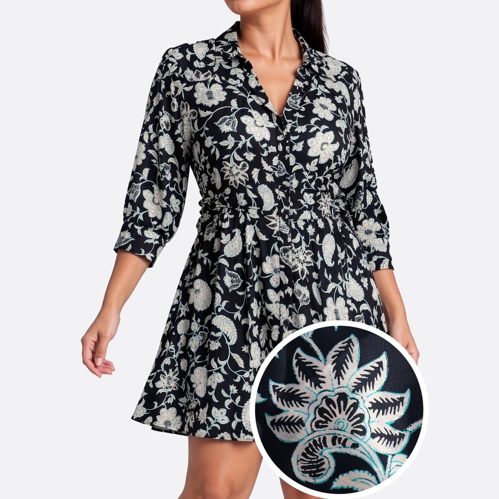Zara Paisley Shirt Mini Dress L fits M/L Black Aqua Floral Boho Cinched Waist